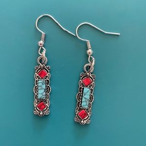 Western Faux Coral Turquoise Dangle Earrings